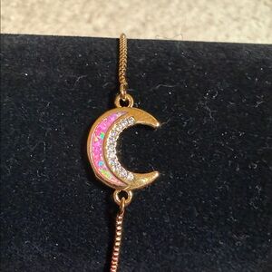 Gold Moon Pendant Bracelet with Pink Opal and Clear Crystals